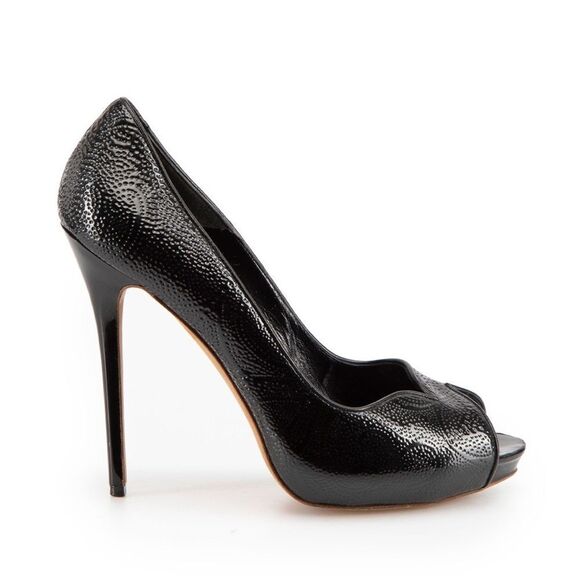 Alexander McQueen Leather Peep Toe Stiletto Heels Sz 8 Black Paisley Luxury Edgy - Picture 4 of 16